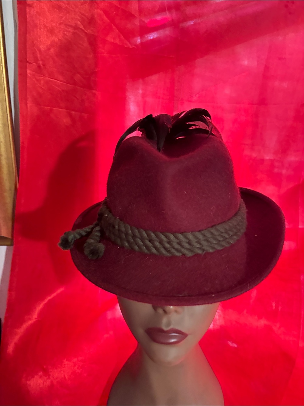 Vintage 1950s Deep Wine Felt Fedora with Braided Band and Feather Accent
